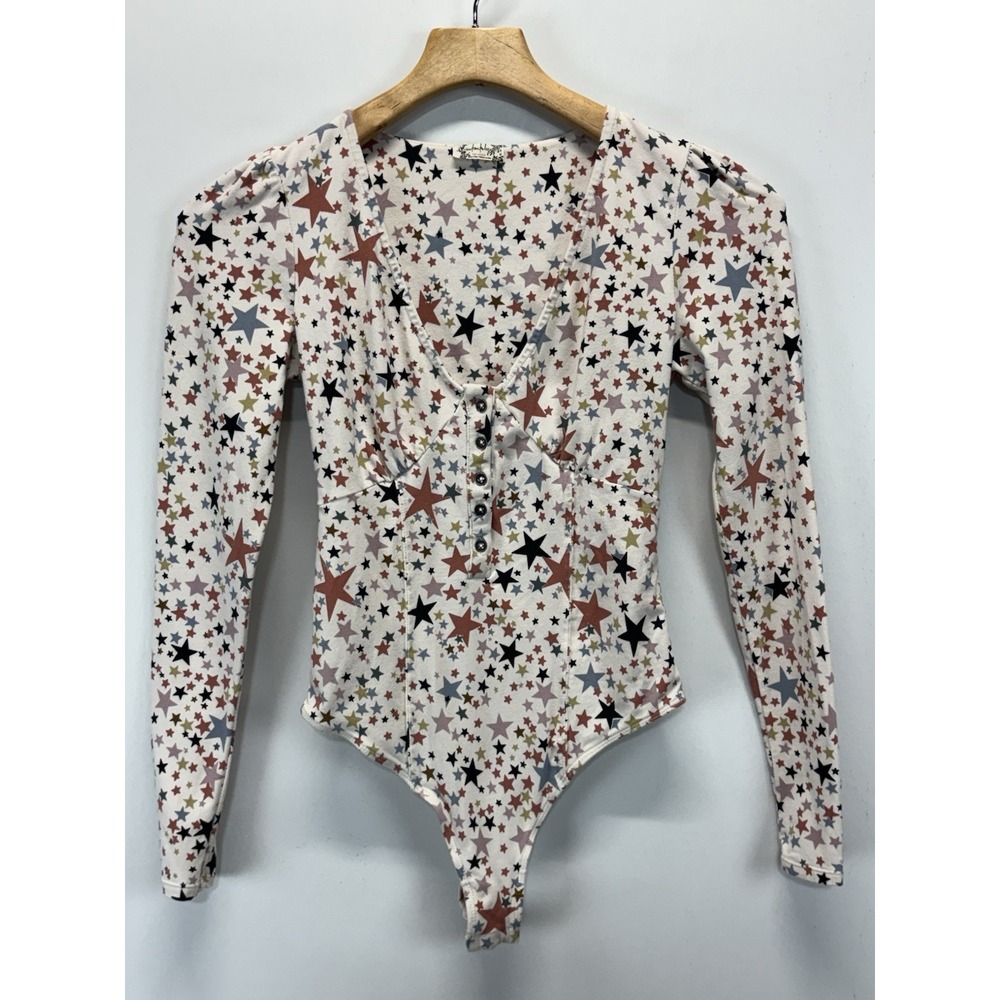 Free People Girls Like Us Star Print Ivory Long Sleeve Bodysuit X-Small Babydoll